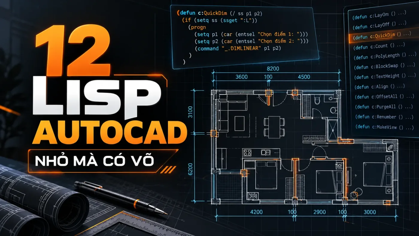 12 Lisp AutoCAD nhỏ mà có võ trên nền bản vẽ kiến trúc và mã tự động hóa